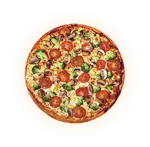 Inferno pizza with pepperoni, bacon, ham, mozzarella and tomato sauce