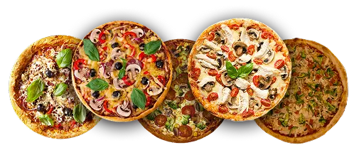 Three different pizzas with various toppings representing the variety of our menu.